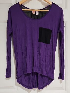💜 Twisted Angels Purple Long Sleeve Top Sheer Back Pocket Detail Flowy